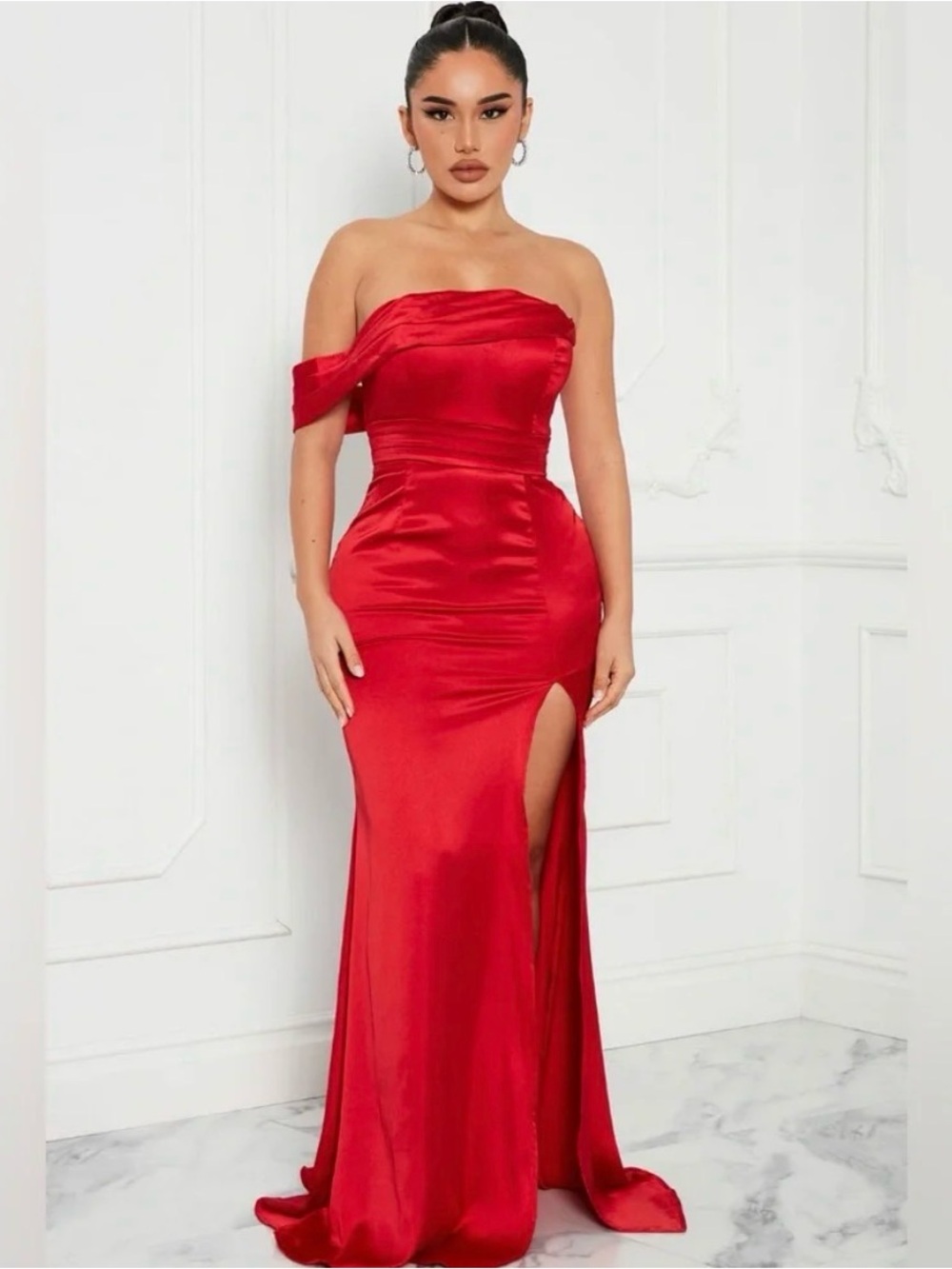 Fashion Nova Red One-Shoulder Satin Gown with Thigh Slit